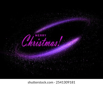 Isolated purple oval frame with sparkling small tinsel on black background.