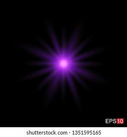 isolated purple Rays with lens flare, Sun flare, flare on the black background. Transparent Vector Illustration