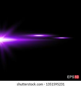 isolated purple Rays with lens flare, Sun flare, flare on the black background. Transparent Vector Illustration