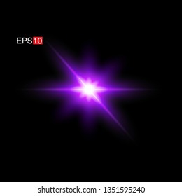 isolated purple Rays with lens flare, Sun flare, flare on the black background. Transparent Vector Illustration