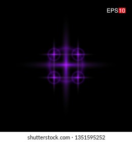 isolated purple Rays with lens flare, Sun flare, flare on the black background. Transparent Vector Illustration