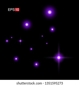 isolated purple Rays with lens flare, Sun flare, flare on the black background. Transparent Vector Illustration