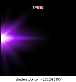 isolated purple Rays with lens flare, Sun flare, flare on the black background. Transparent Vector Illustration