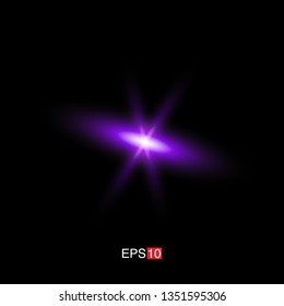 isolated purple Rays with lens flare, Sun flare, flare on the black background. Transparent Vector Illustration