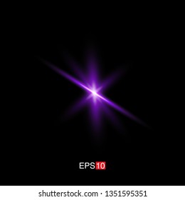 isolated purple Rays with lens flare, Sun flare, flare on the black background. Transparent Vector Illustration