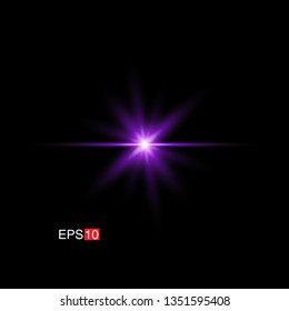 isolated purple Rays with lens flare, Sun flare, flare on the black background. Transparent Vector Illustration