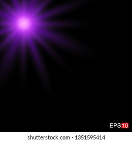isolated purple Rays with lens flare, Sun flare, flare on the black background. Transparent Vector Illustration