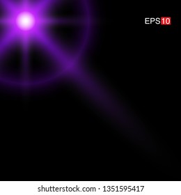 isolated purple Rays with lens flare, Sun flare, flare on the black background. Transparent Vector Illustration