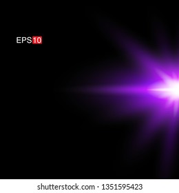 isolated purple Rays with lens flare, Sun flare, flare on the black background. Transparent Vector Illustration