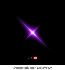 isolated purple Rays with lens flare, Sun flare, flare on the black background. Transparent Vector Illustration