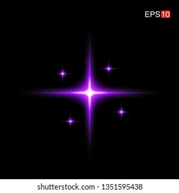 isolated purple Rays with lens flare, Sun flare, flare on the black background. Transparent Vector Illustration