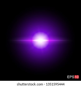 isolated purple Rays with lens flare, Sun flare, flare on the black background. Transparent Vector Illustration