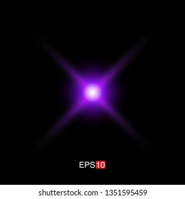 isolated purple Rays with lens flare, Sun flare, flare on the black background. Transparent Vector Illustration