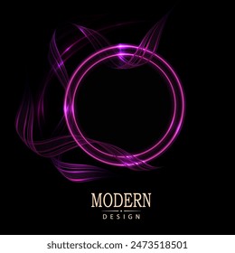 Isolated purple round frame with wavy ribbon on black background.