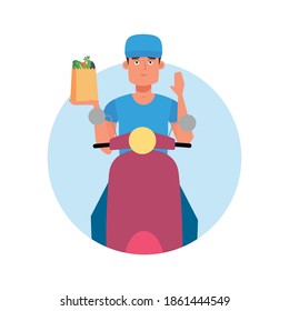 Isolated purple small motorcycle and man delivery fast icon- Vector