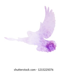  isolated, purple watercolor silhouette of a flying dove