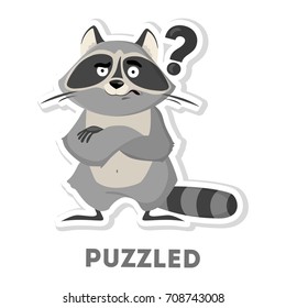 Isolated puzzled raccoon with question marks on white background.