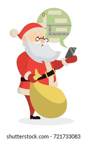 Isolated puzzled Santa Claus with GPS navigator in smartphone on white background.