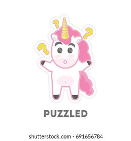 Isolated puzzled unicorn with question mark on white background.