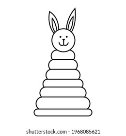 Isolated pyramid toy with hare's head on top in doodle. Kids game on white background. Hand drawing vector illustration