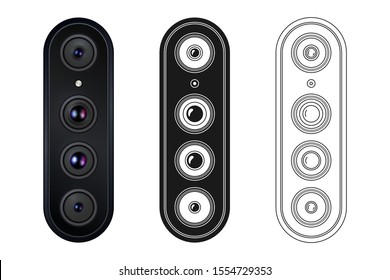 Isolated Quad Rear Camera of Smartphone in Diffrent Art Styles - Realistic, Silhouette and Outline