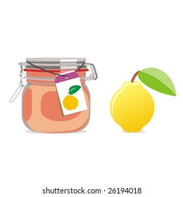 isolated quince jam jar and fruit