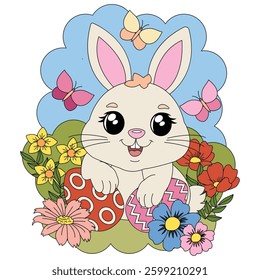 Isolated rabbit with Easter egg. Icon for stickers, print or embroidery. Vector illustration.