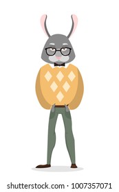 Isolated rabbit man with human body on white.