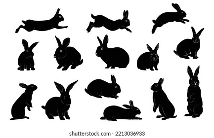 Isolated rabbit shadow on white background, set of different rabbit silhouettes for design use.
