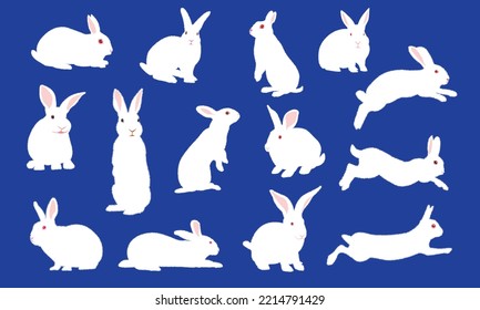 Isolated rabbit shadow on white background, set of different rabbit silhouettes for design use.