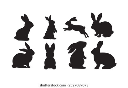 Isolated rabbit shadow on white background, set of different rabbit silhouettes for design use