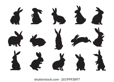 Isolated rabbit shadow on white background, set of different poses rabbit silhouettes for design use