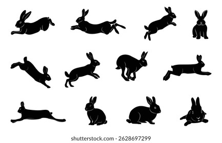 Einziger Kaninchenschatten auf weißem Hintergrund, Set verschiedener Kaninchensilhouetten für die Designanwendung.