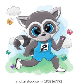 Isolated raccoon athlete on a green background. This cute animal is made in a cartoon style. Raccoon goes in for sports and prepare for competition