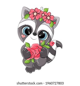 Isolated raccoon with a bouquet of flowers is smiling cute and a little embarrassed. The clip art is made in a cartoon style using bright colors. The illustration is intended for kids products.