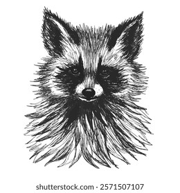 Isolated raccoon drawing on white background. Pencil sketch of animal head for print, sticker, poster. Vector illustration of realistic raccoon muzzle.