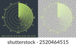 Isolated radar screen. Radar beam, fading trace and circles with transparent effects on plaid background. Circle breakdown by degrees with angle indicated in numbers and cardinal directions.