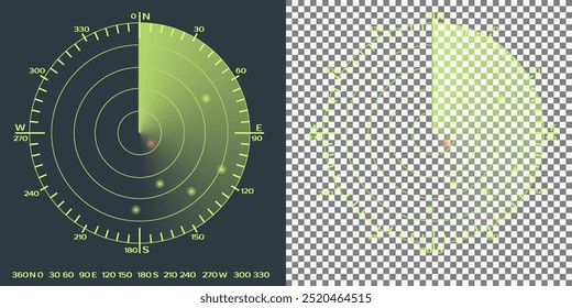 Isolated radar screen. Radar beam, fading trace and circles with transparent effects on plaid background. Circle breakdown by degrees with angle indicated in numbers and cardinal directions.