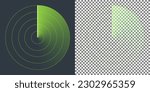 Isolated radar screen. Radar beam, transparent fading trace and concentric circles with transparent effects on plaid background. Elements in correctly named layers. Vector illustration.