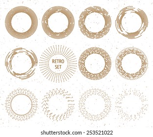 Isolated radial retro vector sun rays set; vintage sunburt; different line and dot  elements for badge and logotype design