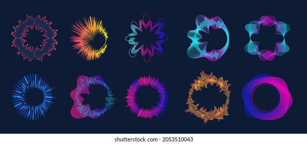 Isolated radial sound wave curve with light particles. Frequency audio waveform, music wave, circle bar, voice graph signal. Vector illustration