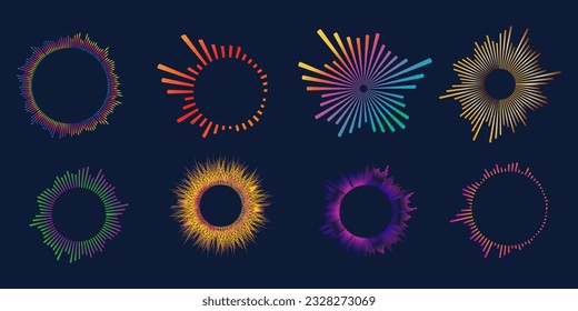 Isolierte Radial-Schallwellenkurve mit Lichtpartikeln. Frequenz-Audio-Signalform, Musikwelle, Kreisleiste, Signal für Sprachdiagramme. Vektorgrafik