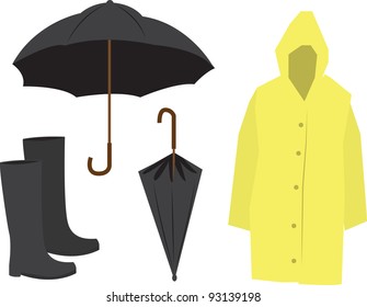 Isolated Rain Equipment including raincoat, umbrella and boots