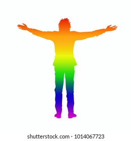 Isolated rainbow silhouette of man with raised open arms outstretched, on white background. Front or back view. Contour outline style. Vector illustration