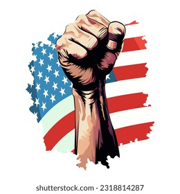 Isolated Raising Human Fist Against USA National Flag Background  for Protest Resistance, Standing Up for Beliefs Fighting and Justice. 