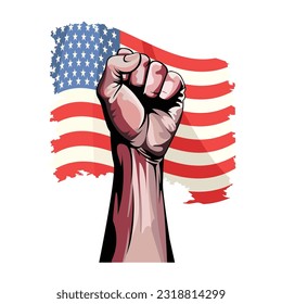 Isolated Raising Human Fist Against USA National Flag Background for Protest Resistance, Standing Up for Beliefs Fighting and Justice.