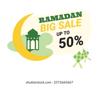 Isolated Ramadan Big Sale, discount 50% promotion sales with green mosque, ketupat and moon picture 