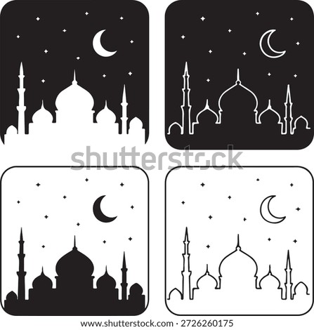Isolated ramadan night app background icon, mosque skyline crescent moon stars night silhouette, ramadan minimal mobile app vector isolated design, isolated night app background
