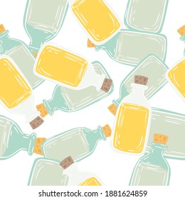 Isolated random seamless pattern with doode blue and yellow medical bottle elements. White background. Perfect for fabric design, textile print, wrapping, cover. Vector illustration.