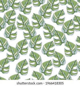 Isolated random seamless pattern with green monstera doodle leaves. White background. Floral backdrop. Perfect for fabric design, textile print, wrapping, cover. Vector illustration.